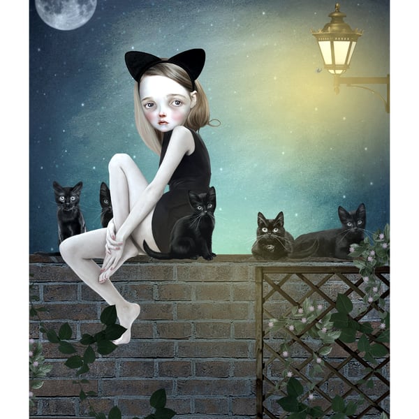 Pop surrealism Art Print, Black Cat Wall Art