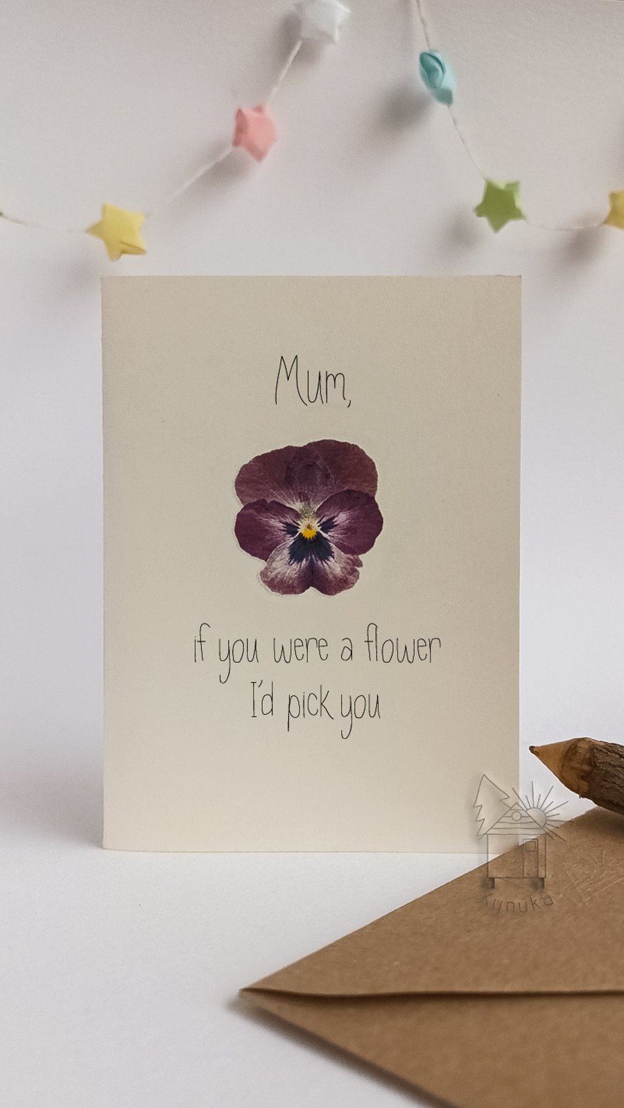 Mum birthday card, Viola, Mum I'd pick you, pressed flower card
