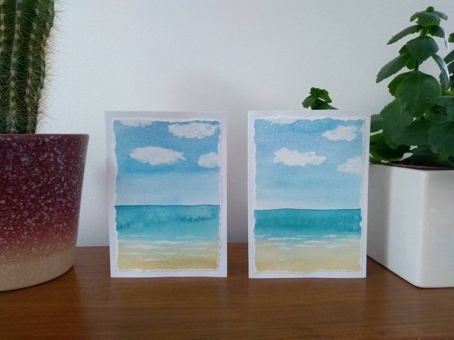 Set of 2 Handmade Original Watercolour Ocean Greetings Cards Notecards 