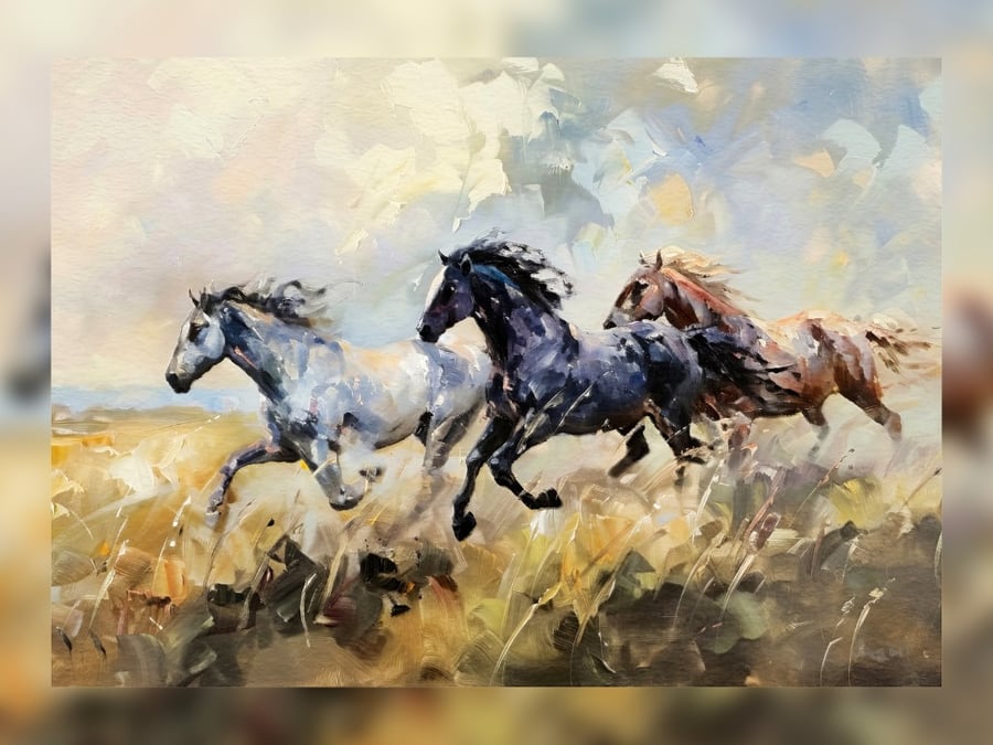 Wild Horses Galloping, Majestic Equine Art 5"x7" Matte Print 