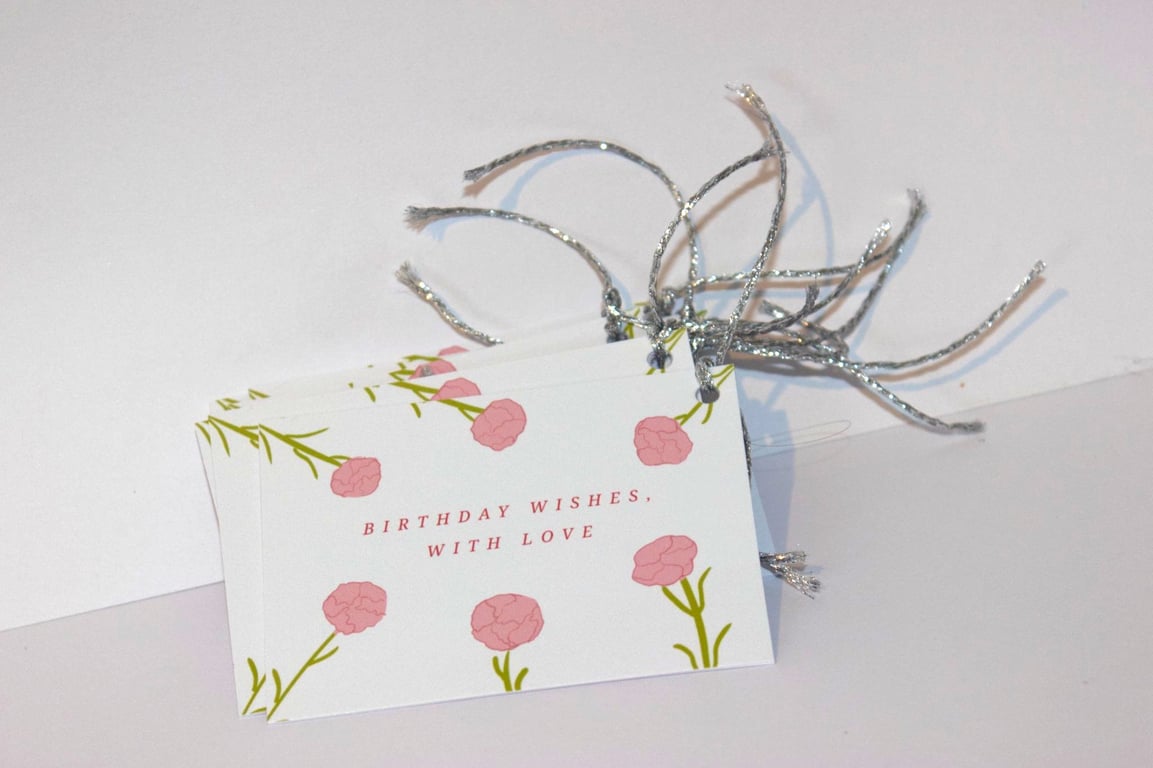 9 Handmade birthday carnation flower gift tags, white & pink, gift wrapping 