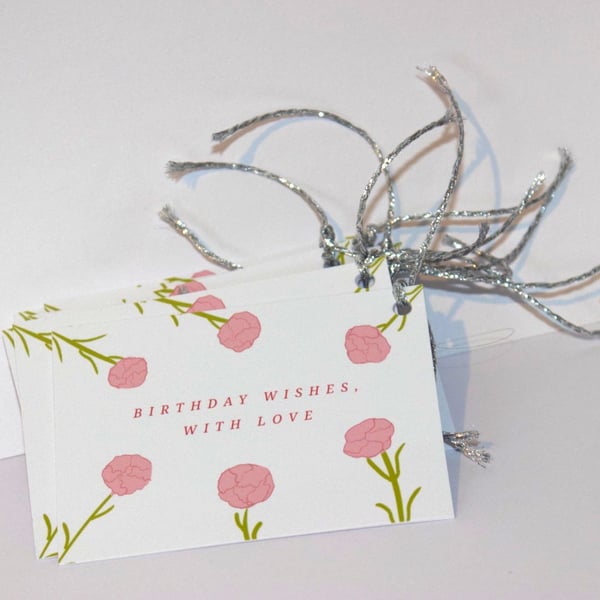 9 Handmade birthday carnation flower gift tags, white & pink, gift wrapping 