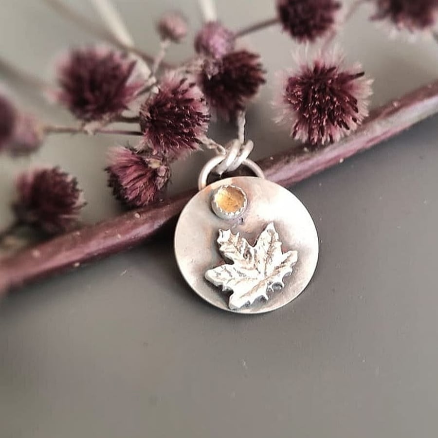 Maple Leaf Necklace with a Citrine. Autumn Silver Pendant 