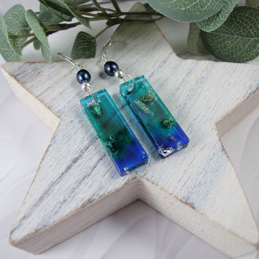 Earrings, Sterling Silver and Resin Art. Blue and Green with Pearls