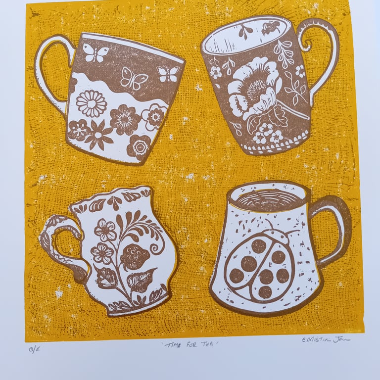 Linocut Time for tea kitchen print yellow and gold perfectly imperfect