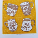 Linocut Time for tea kitchen print yellow and gold perfectly imperfect