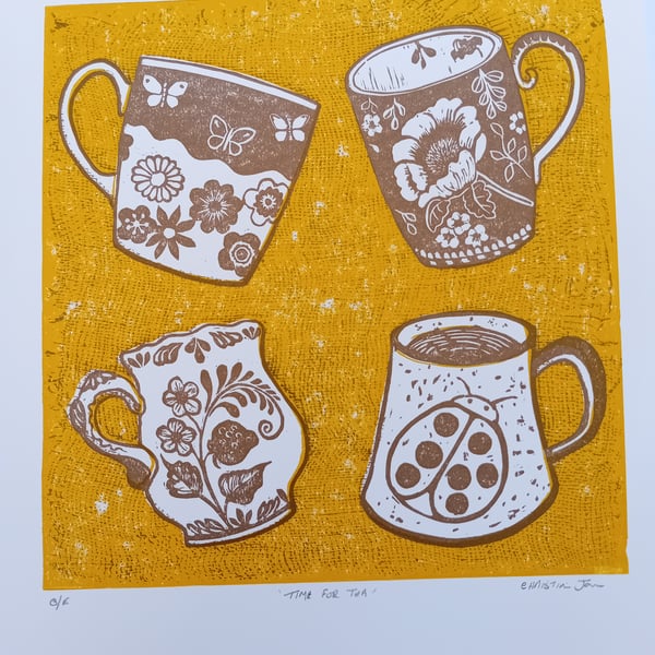 Linocut Time for tea kitchen print yellow and gold perfectly imperfect