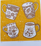 Linocut Time for tea kitchen print yellow and gold perfectly imperfect