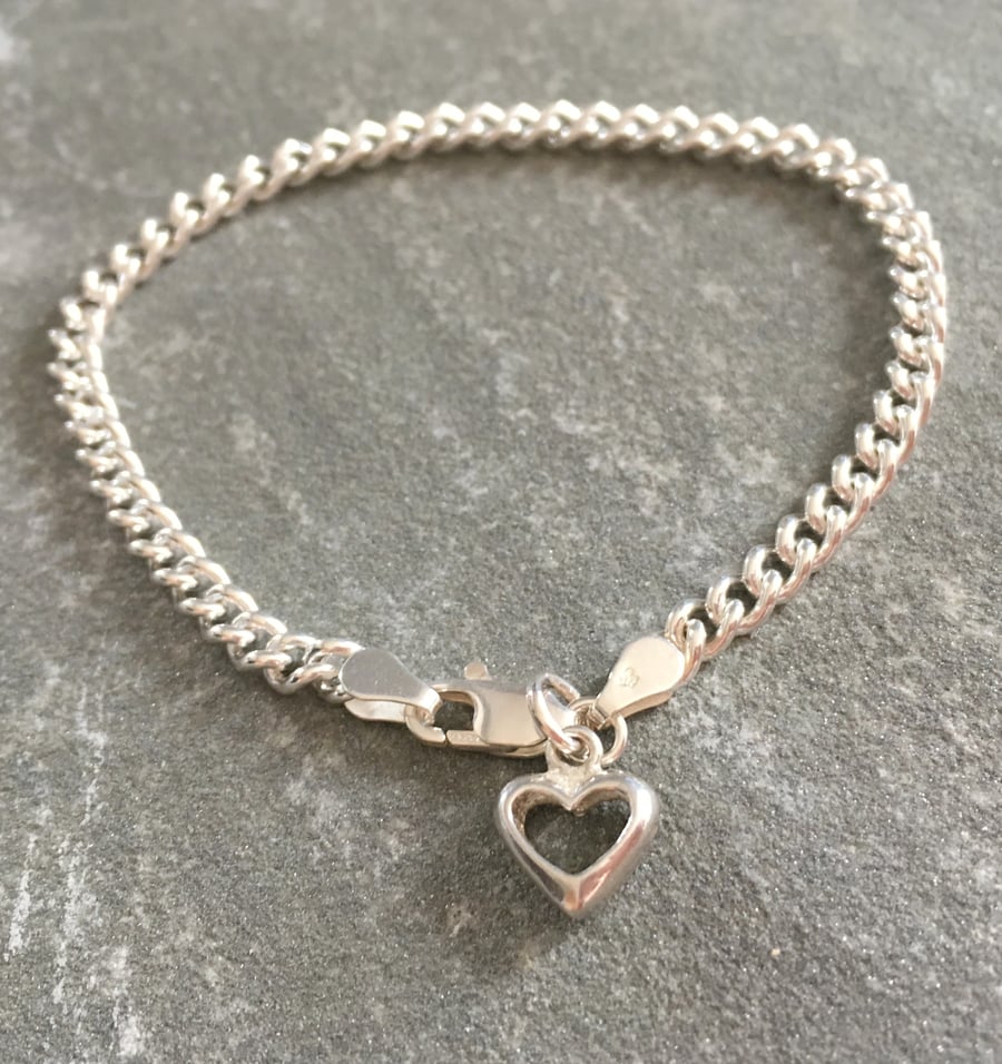 Sterling Silver Heart Charm Bracelet,  Silver Curb Chain Bracelet