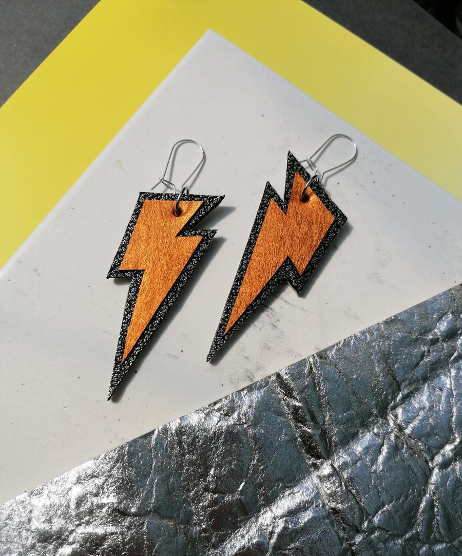 Burnt Orange Lightning Bolt Earrings - Repurposed Leather