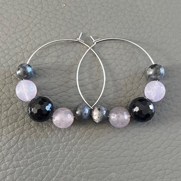Handmade Hoop Earrings with Natural Gemstone