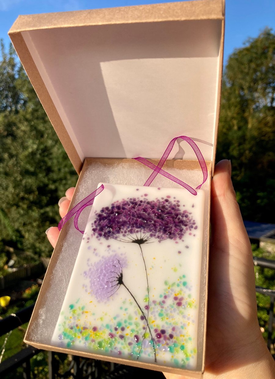 Hanging Whimsical Twin lilac and violet Flowers fused glass Art Picture