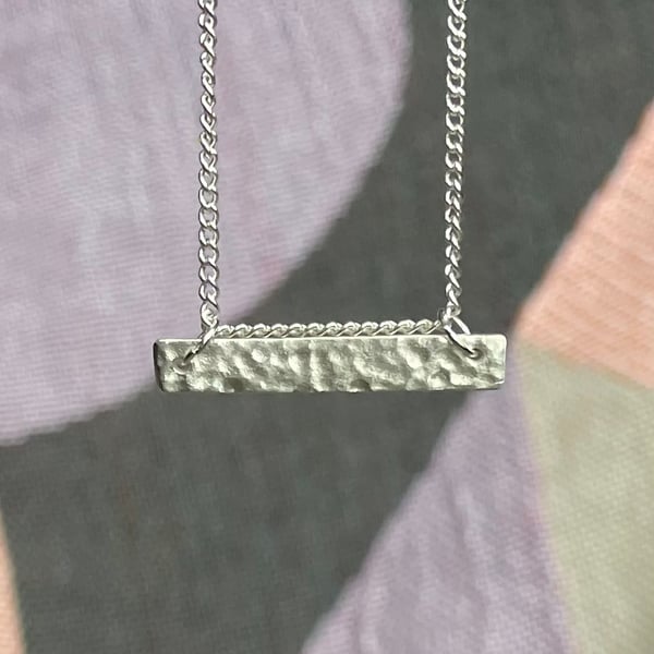 Silver bar necklace, handmade 999 fine silver hammered pendant