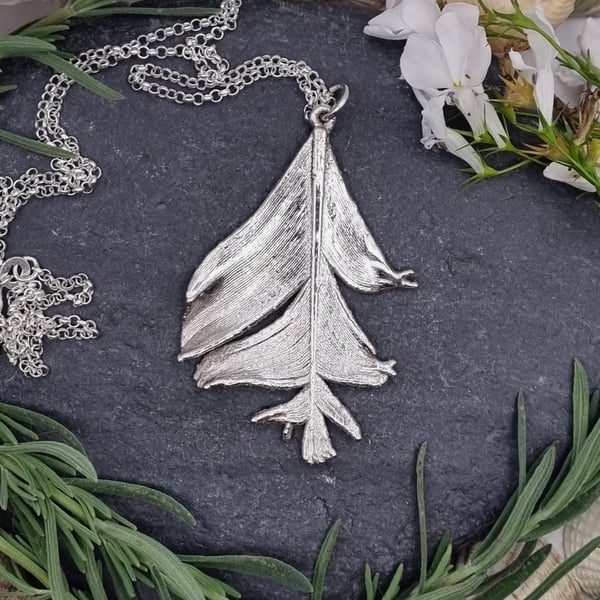 Real feather preserved in silver pendant necklace