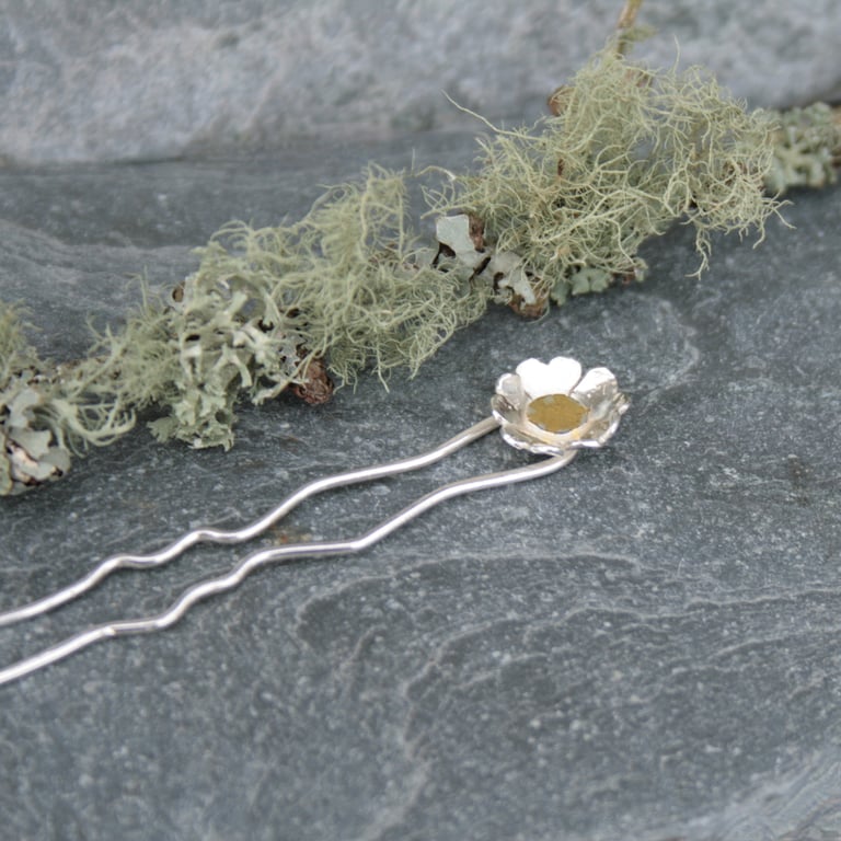 Silver flower hair pin, Scottish primrose hair pin, silver hair accessory