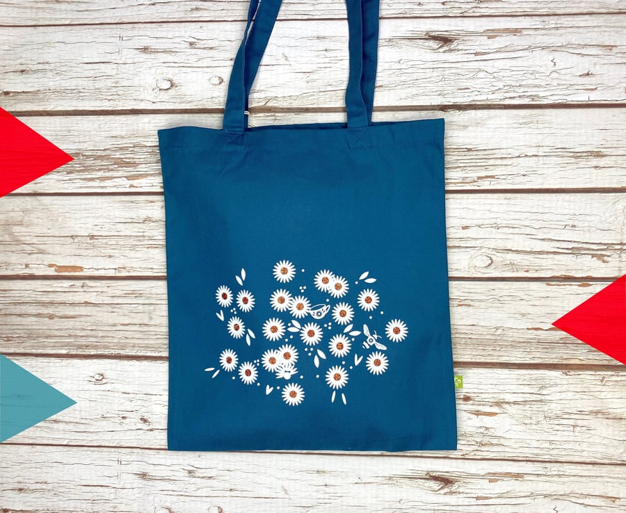 Daisy Organic Cotton bag for life. Blue flower shopper. Thick Floral tote