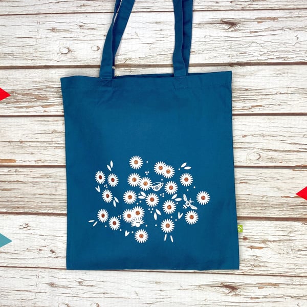 Daisy Organic Cotton bag for life. Blue flower shopper. Thick Floral tote