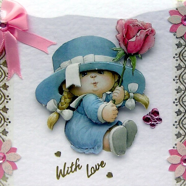 Young Girl Hand Crafted 3D Decoupage Card - With Love (2620)