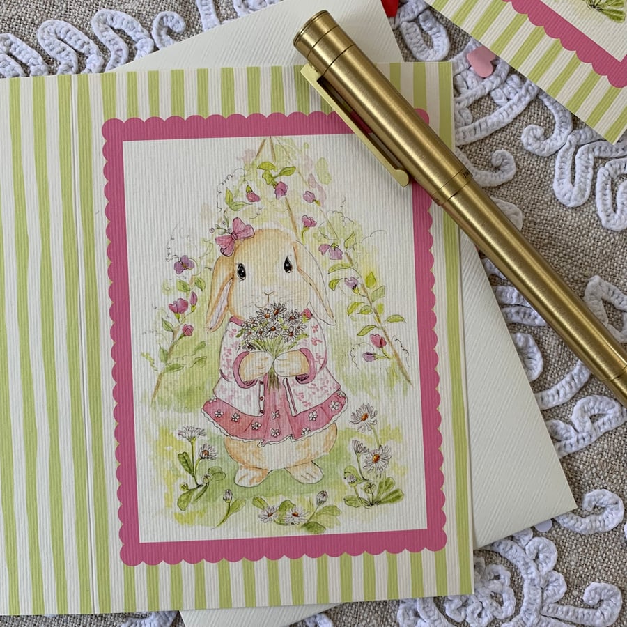 Daisies, Sweet peas and Bunny - Blank Card