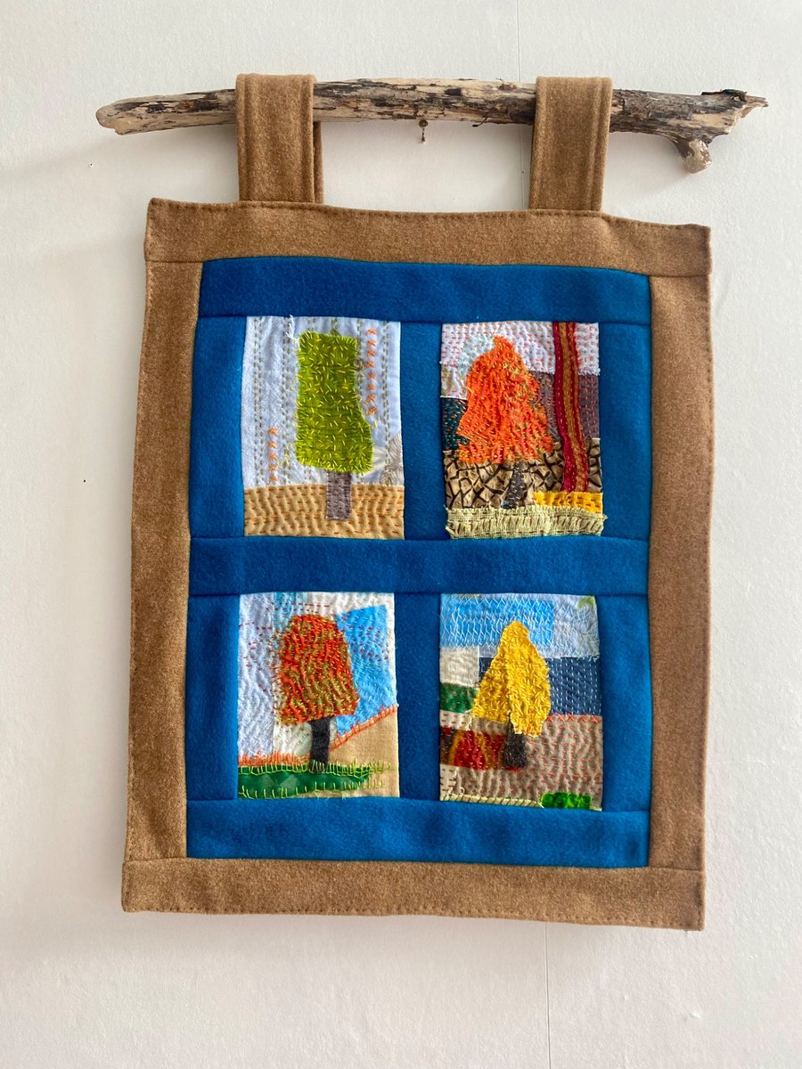Abstract trees embroidered textile hanging 
