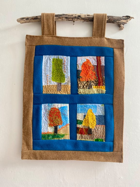 Abstract trees embroidered textile hanging 