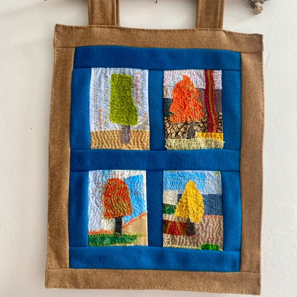 Abstract trees embroidered textile hanging 