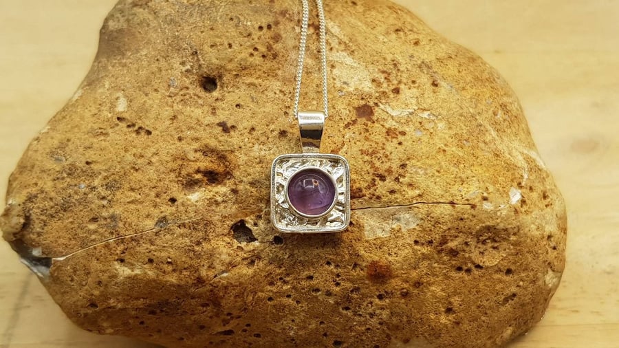 Tiny square Amethyst Pendant necklace. Purple minimalist February birthstone