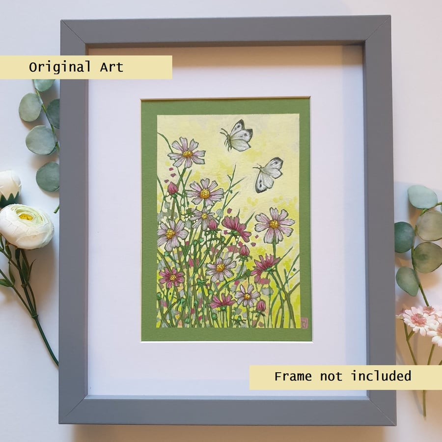 White butterflies with a pink flower patch, insect art, original drawing