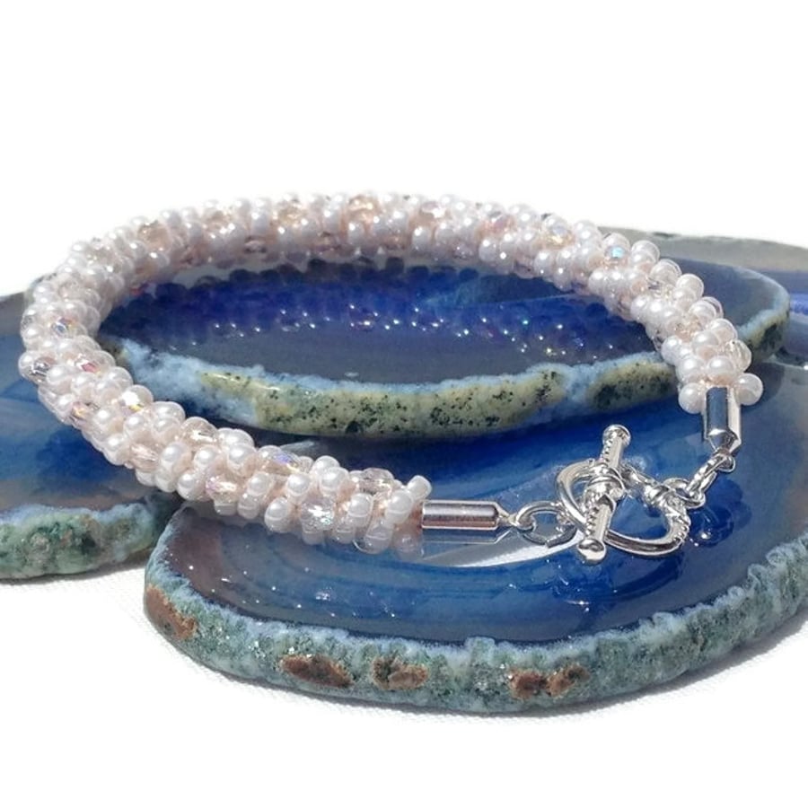 Crystal & White Beaded Kumihimo Bracelet