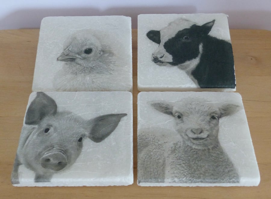 Set of 4 Marble 'Farm Animal' Coasters
