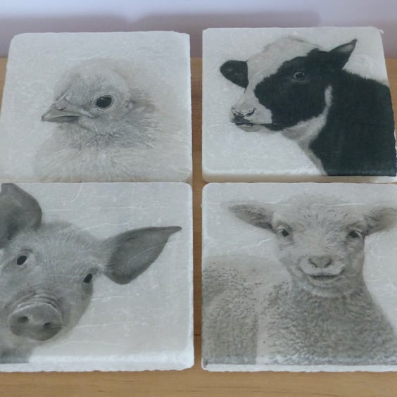 Set of 4 Marble 'Farm Animal' Coasters