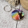 Rustic Pyrography stag keyring. Branch slice rainbow key ring.