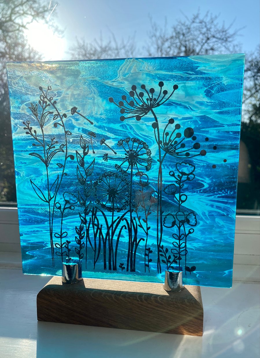 Screen printed fused glass panel with oak stand