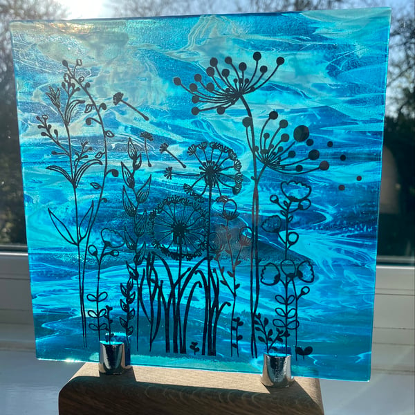 Screen printed fused glass panel with oak stand