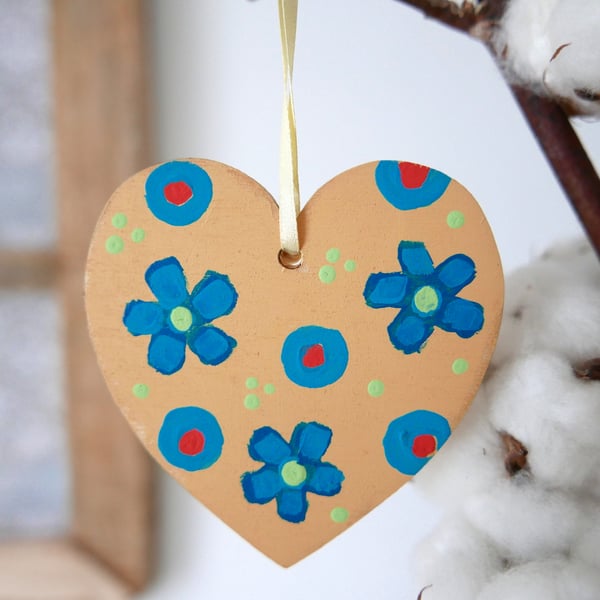 Yellow Hanging Heart, Turquoise Flowers Artwork, Valentine's Gift, Easter Decor