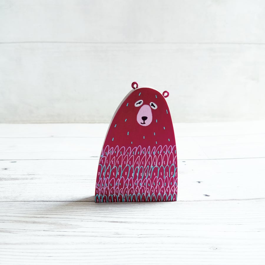 Pretty Magenta Bear, Handmade Wooden Bear