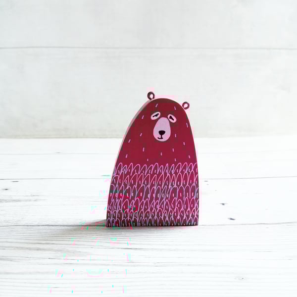 Pretty Magenta Bear, Handmade Wooden Bear