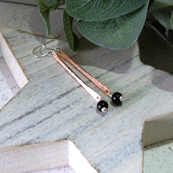 Earrings, Textured Copper Bar with Obsidian and Sterling Silver