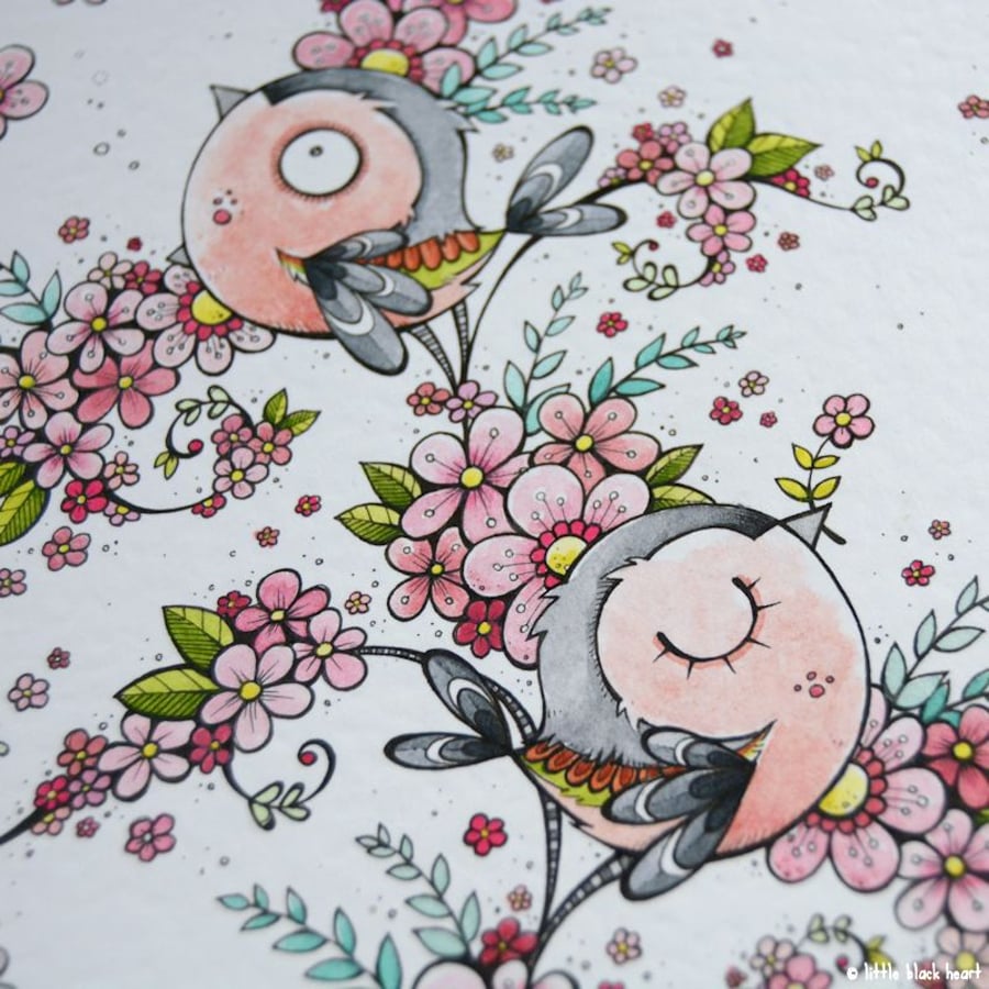 chaffinches in cherry blossom - original illustration (A4)
