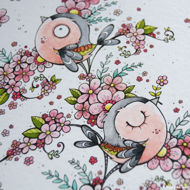 chaffinches in cherry blossom - original illustration (A4)