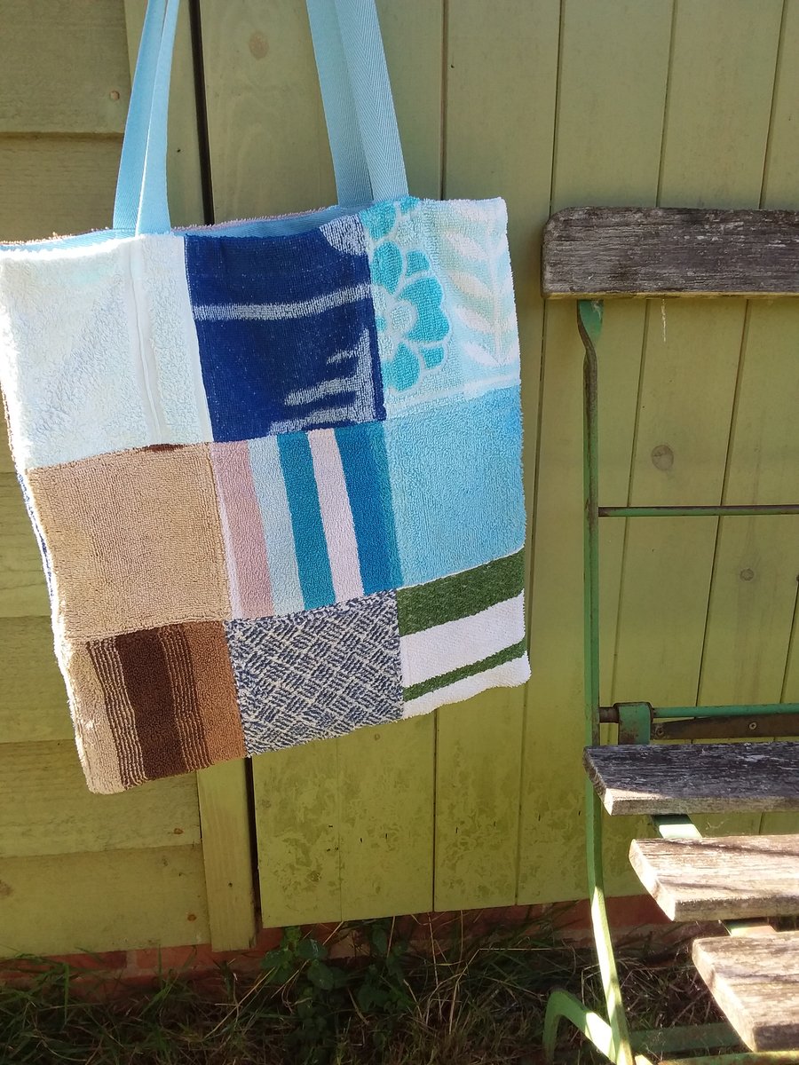 Vintage towel tote bag (blue 9 square)