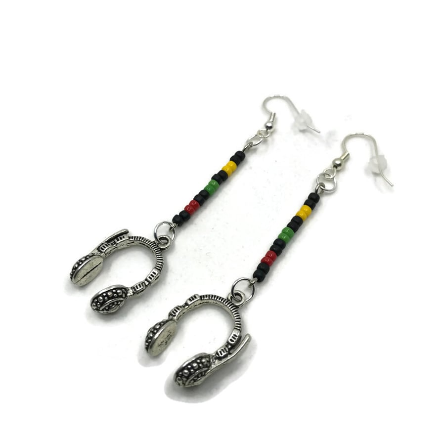 Studio Headphones Music Silver Charm Dangly Drop Earrings