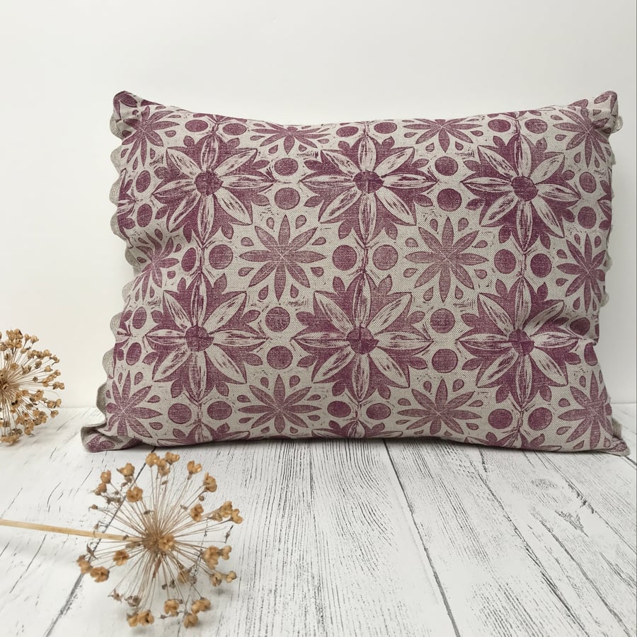 Hand Printed Linen Cushion - RUNA - Raspberry Red - Folksy