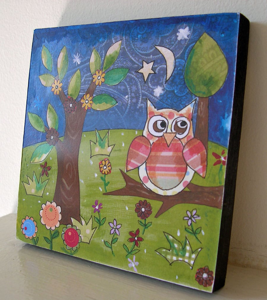 Owl On The Branch Mounted Print on Wooden Block