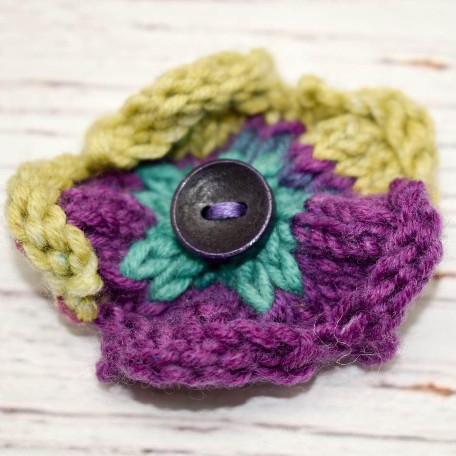 Hand knitted flower brooch pin - Green, Purple and Yellow