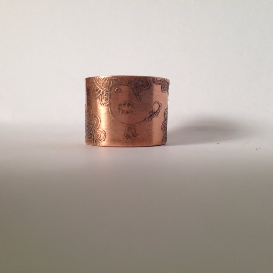 Etched copper ring bird ring 