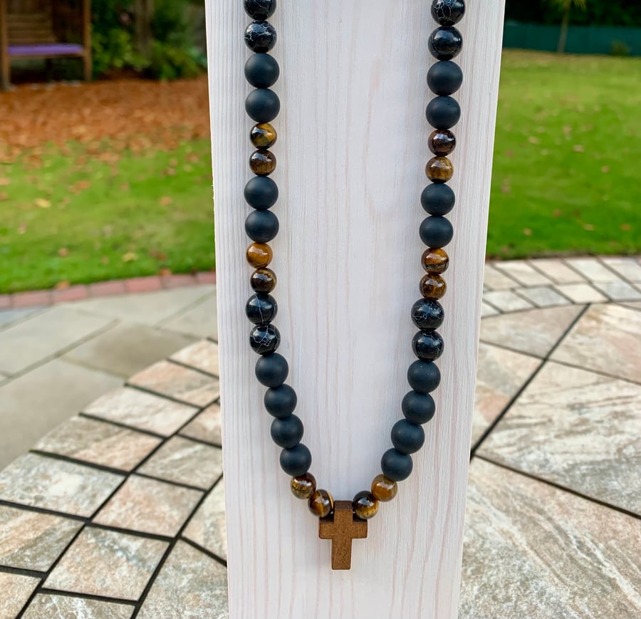 Masculine Mens Cross Pendant Necklace, Tigers Eye, Matt Black Opal, Silver Plate