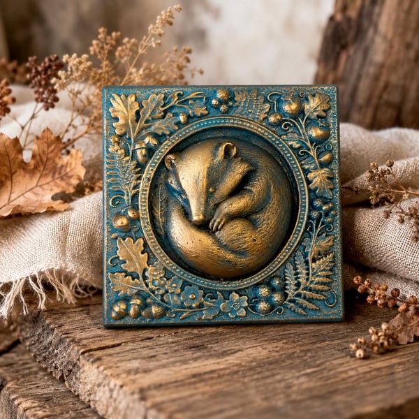 Badger Wall Plaque, 3x3 Faux Copper Resin Woodland Wall Decor