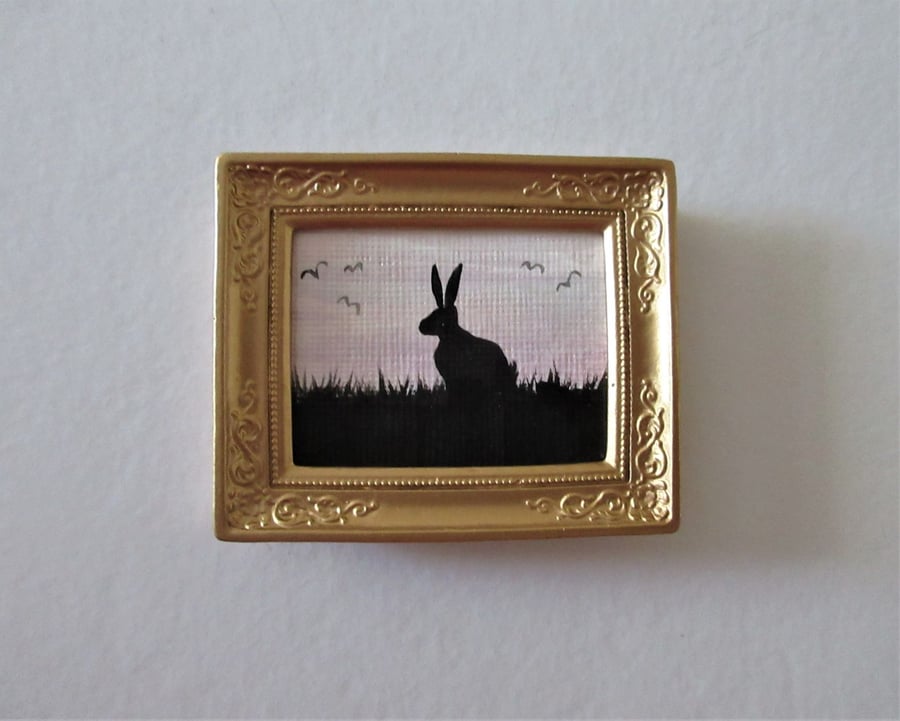 Doll House Miniature Original Painting Framed with Bunny Silhouette Rabbit 