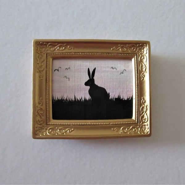 Doll House Miniature Original Painting Framed with Bunny Silhouette Rabbit 